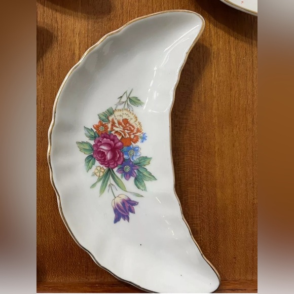 Vintage Bone Dish Crescent Moon Set 2 Chadwick Japan MCM Floral Rose Maple Gold - Picture 5 of 10